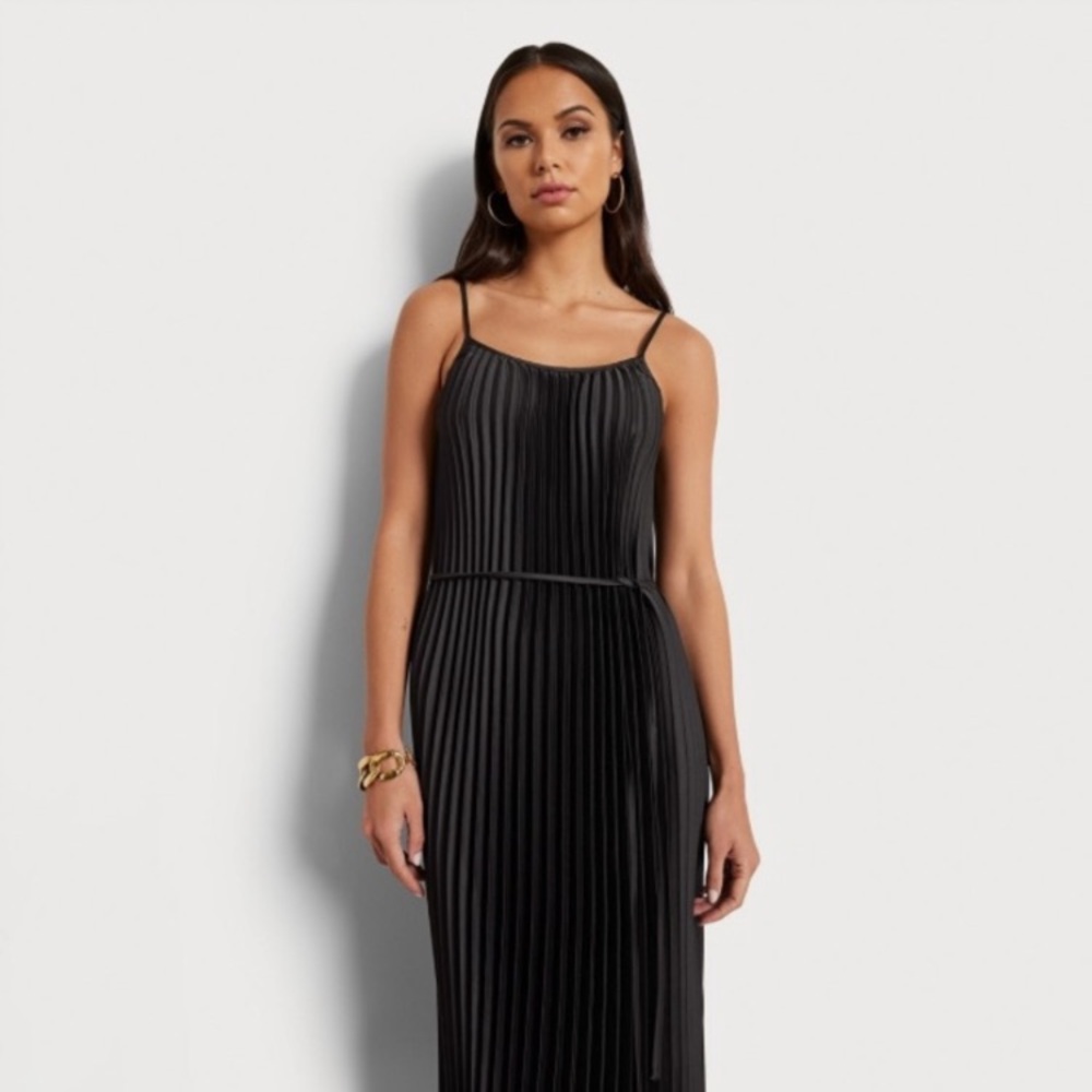 Sam Edelman Black Satin Plisse Pleated Midi Dress - Picture 5 of 13